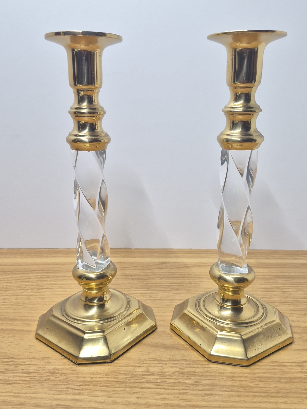 Vintage Decorative Brass Lucite Acrylic Twisted Stem Candlesticks Pair 9.5